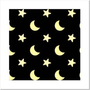 Moon and Star Pattern in Black Posters and Art